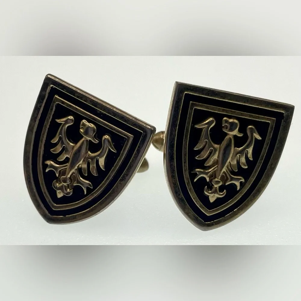 Vintage Signed Swank Gold Tone and Black Enamel Shield Eagle Cufflinks